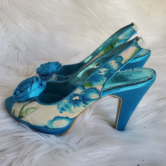 Rampage Primrose Blue Flower Print with Floral Embellishment Heels SZ 8 - Picture 5 of 14